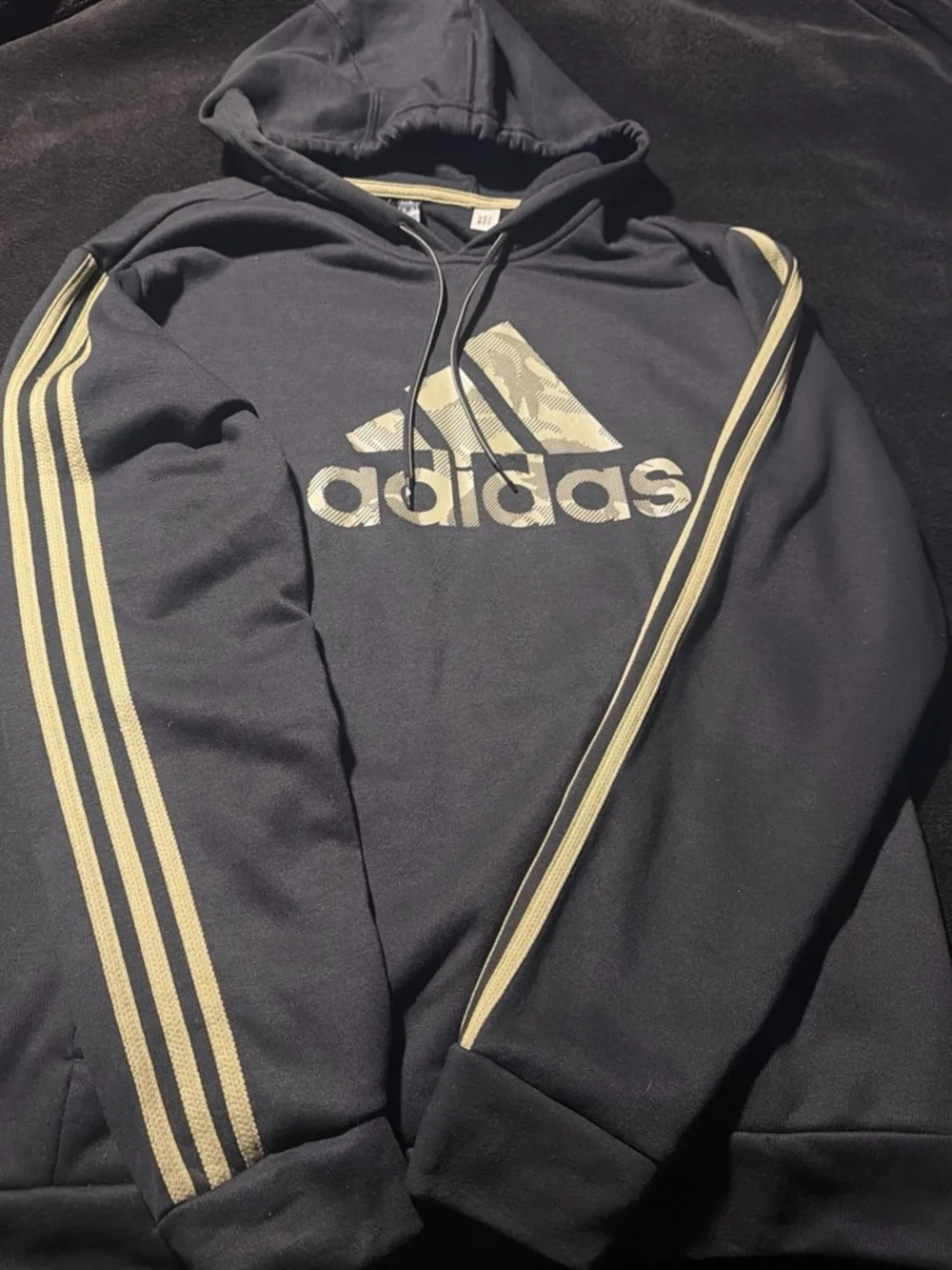 adidas Black Hoodie with Cream Logo and Sleeve Stripes